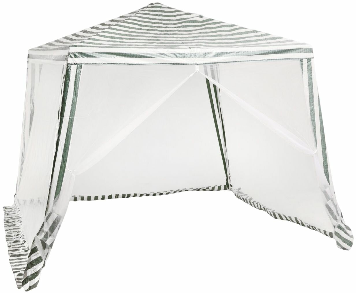 фото Шатер садовый закрытый зауженный, беседка для дачи с москитной сеткой, размер 3х3 ма, высота 240 см, металлический каркас, цвет бело-зеленый