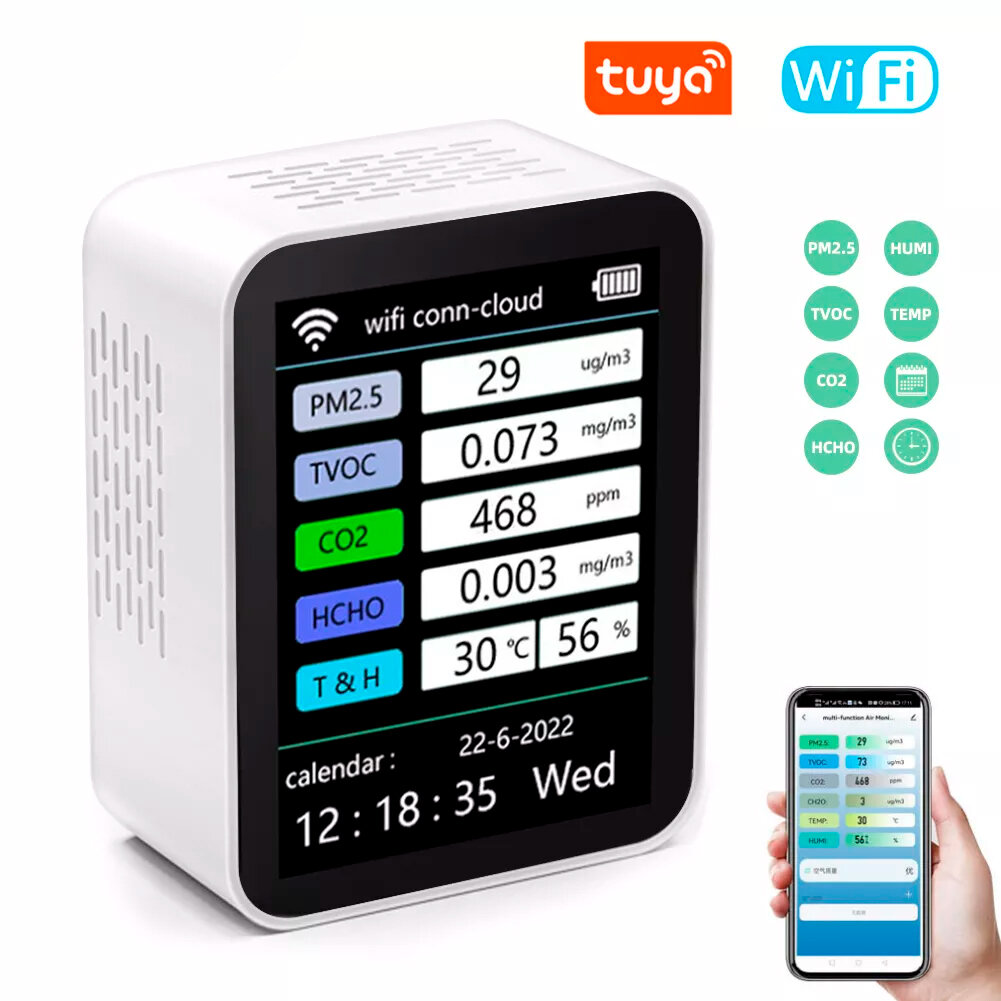 Amtast Монитор качества воздуха PM2.5/CO2/CH2O/TVOC/RH/Temp с WiFI/Tuya AIRQ100WT