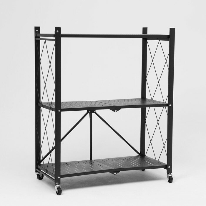 фото Стеллаж складной на колесах, 3 полки, 71×34×88 см, цвет чёрный матовый