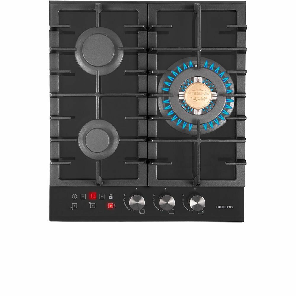 Газовая варочная поверхность HIBERG VM 4535 B, таймер отключения газа всех конфорок, газ-контроль, электроподжиг, чугунные решетки.