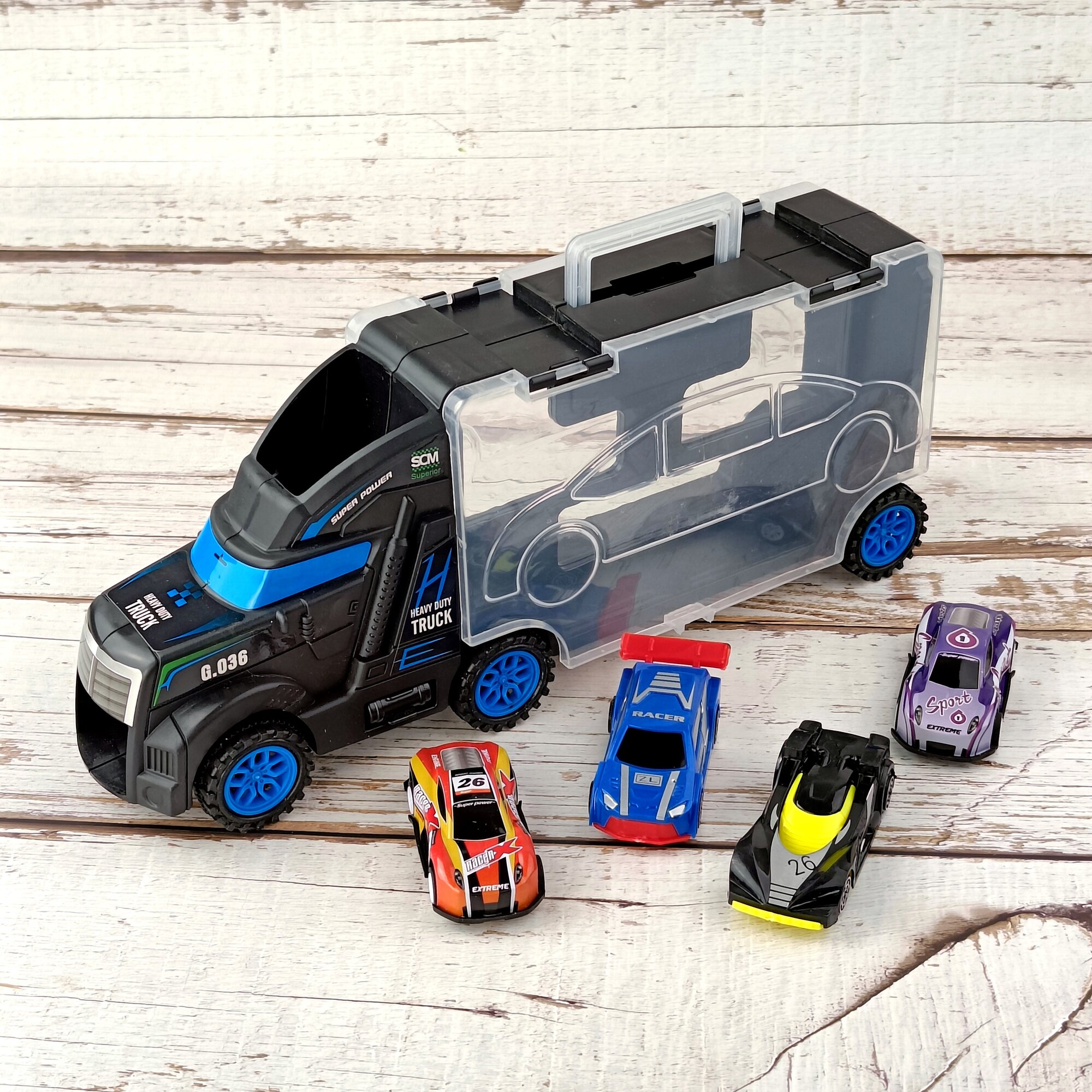 Техника Jile Toys Трейлер Car carrier, с машинками, размер: 26х15х10 см