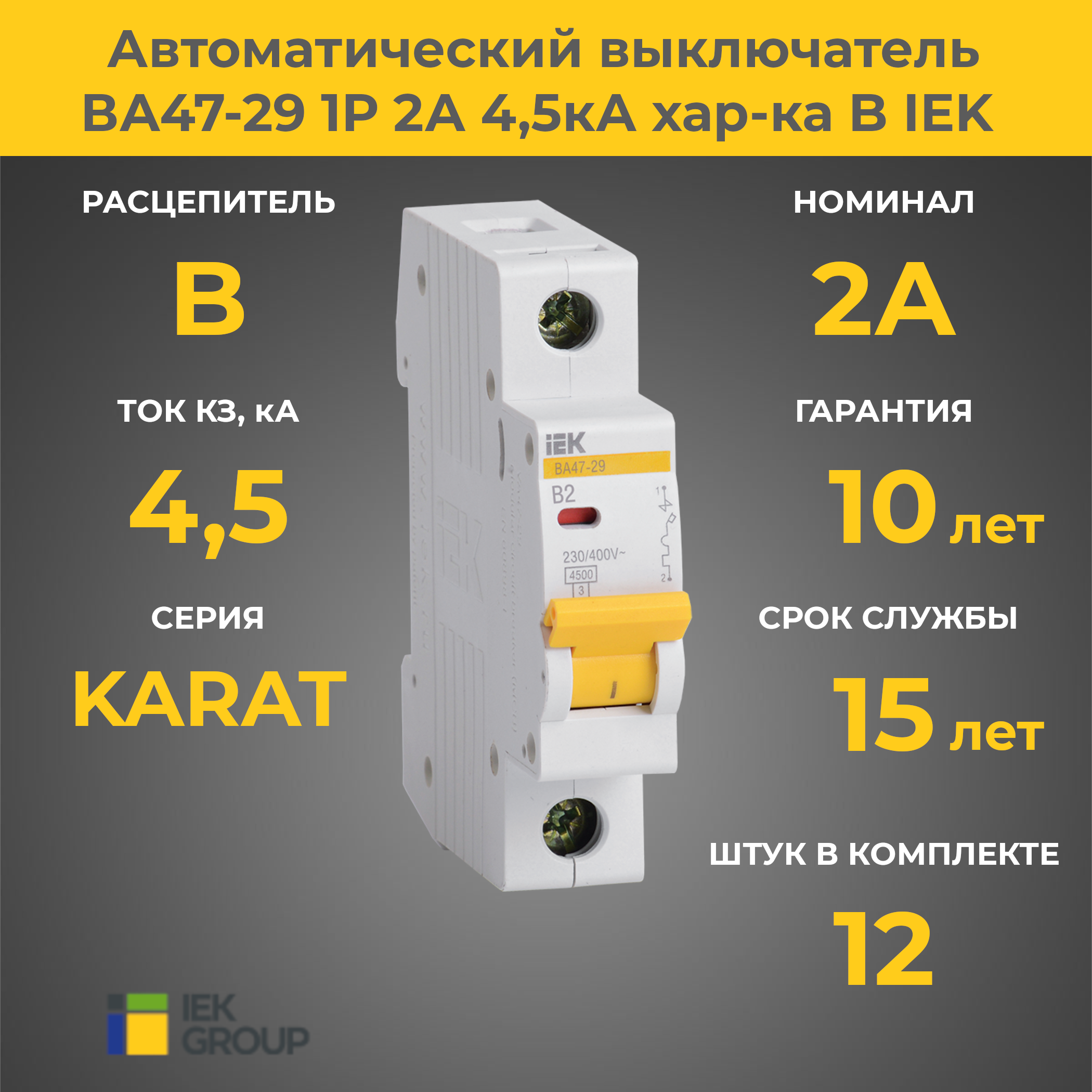 Автоматический выключатель ВА47-29 1P 2A 4,5 kA, хар-ка B, IEK, 12 шт
