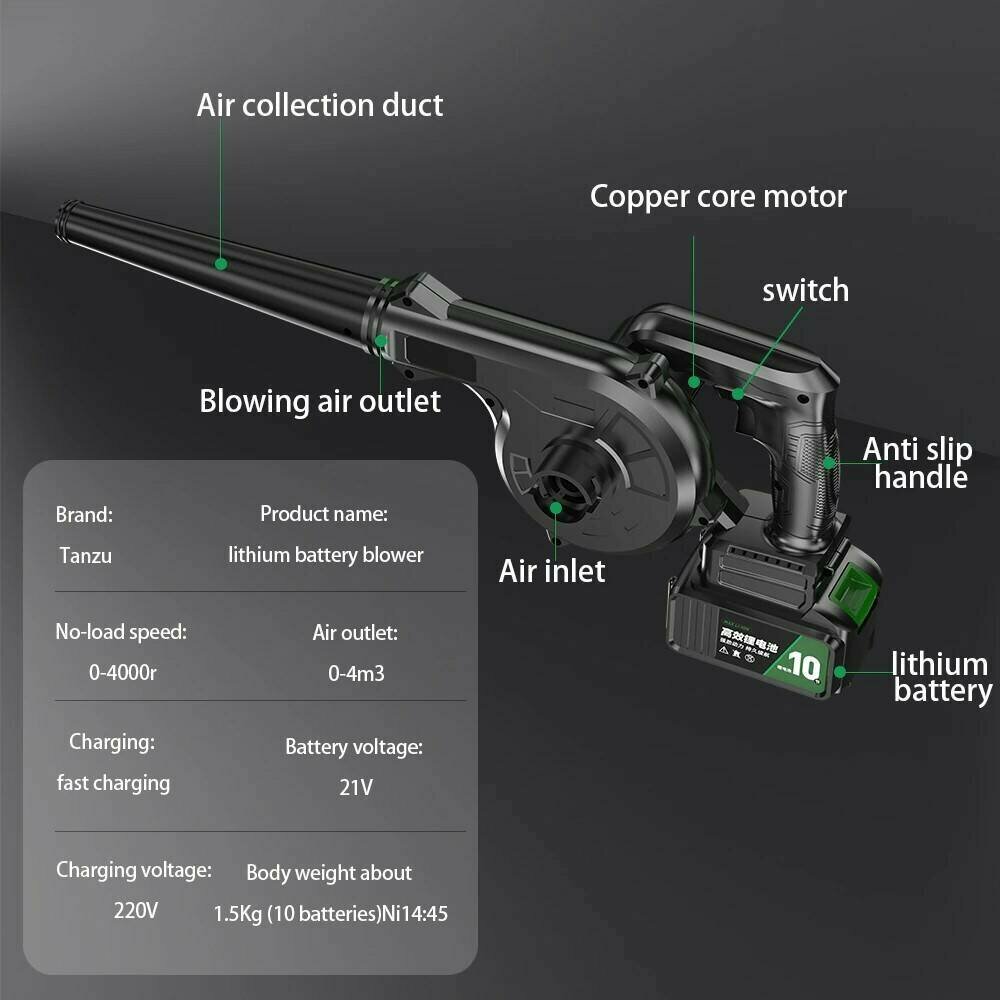 Воздуходувка аккумуляторная беспроводная садовая TANZU 21V, 3.0AH - фотография № 4