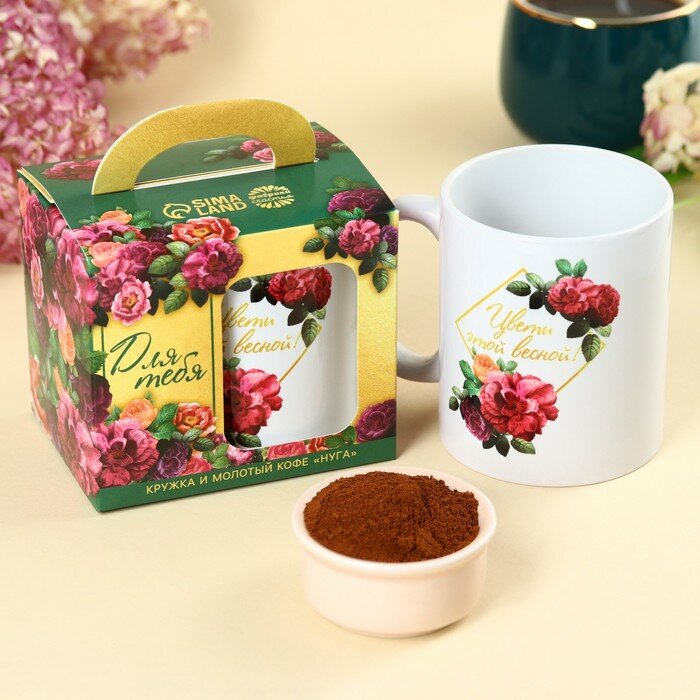 Набор «Расцветай от любви»: кофе молотый со вкусом: нуга 30 г, кружка 300 мл.