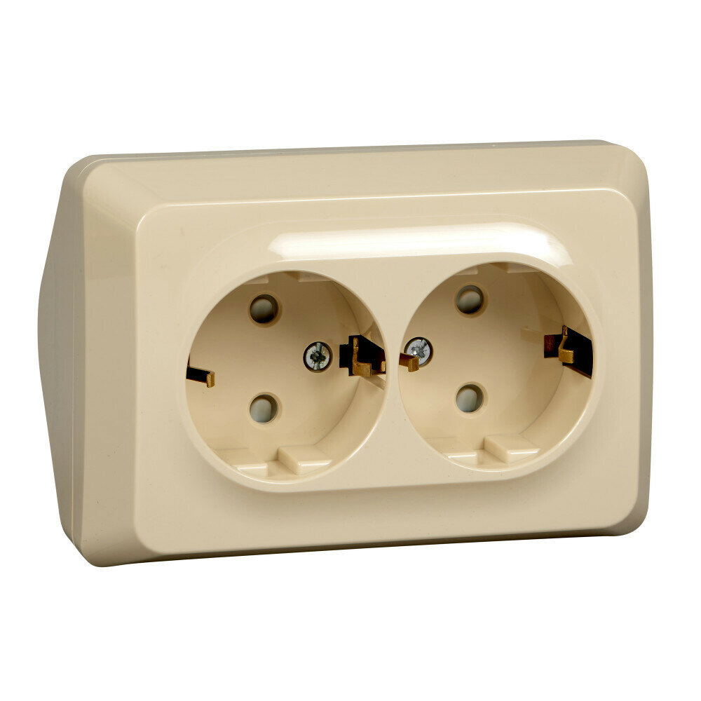 фото Розетка двухместная угловая с заземлением, со шторками, наружная, цвет Кремовый Systeme Electric Этюд