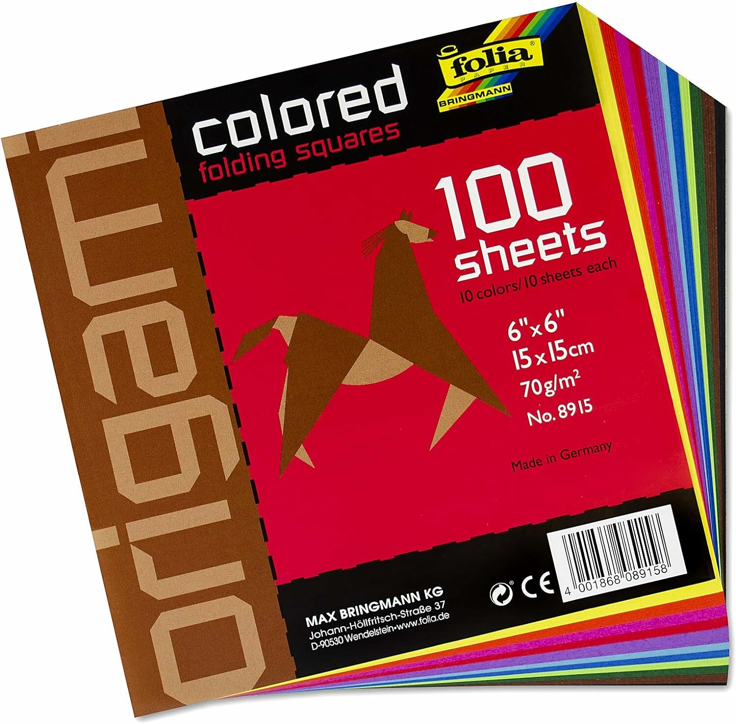 Цветная бумага, "Folia", для оригами, 10 цветов, 15х15см, 100 листов, 70г