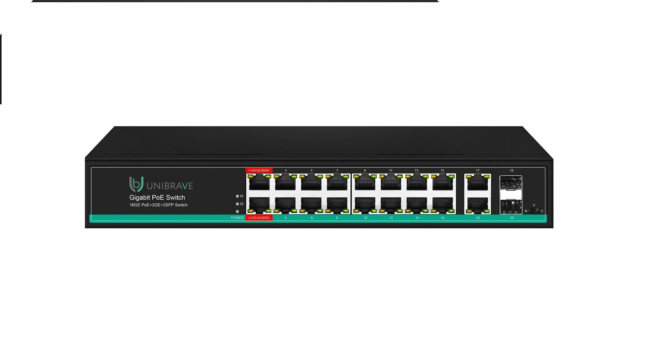 Гигабитный неуправляемый коммутатор Unibrave с поддержкой PoE на 16 портов, 2Uplink, 2SFP-портами (300 Вт) UB-SW-16G2G2SFP-300 Pro