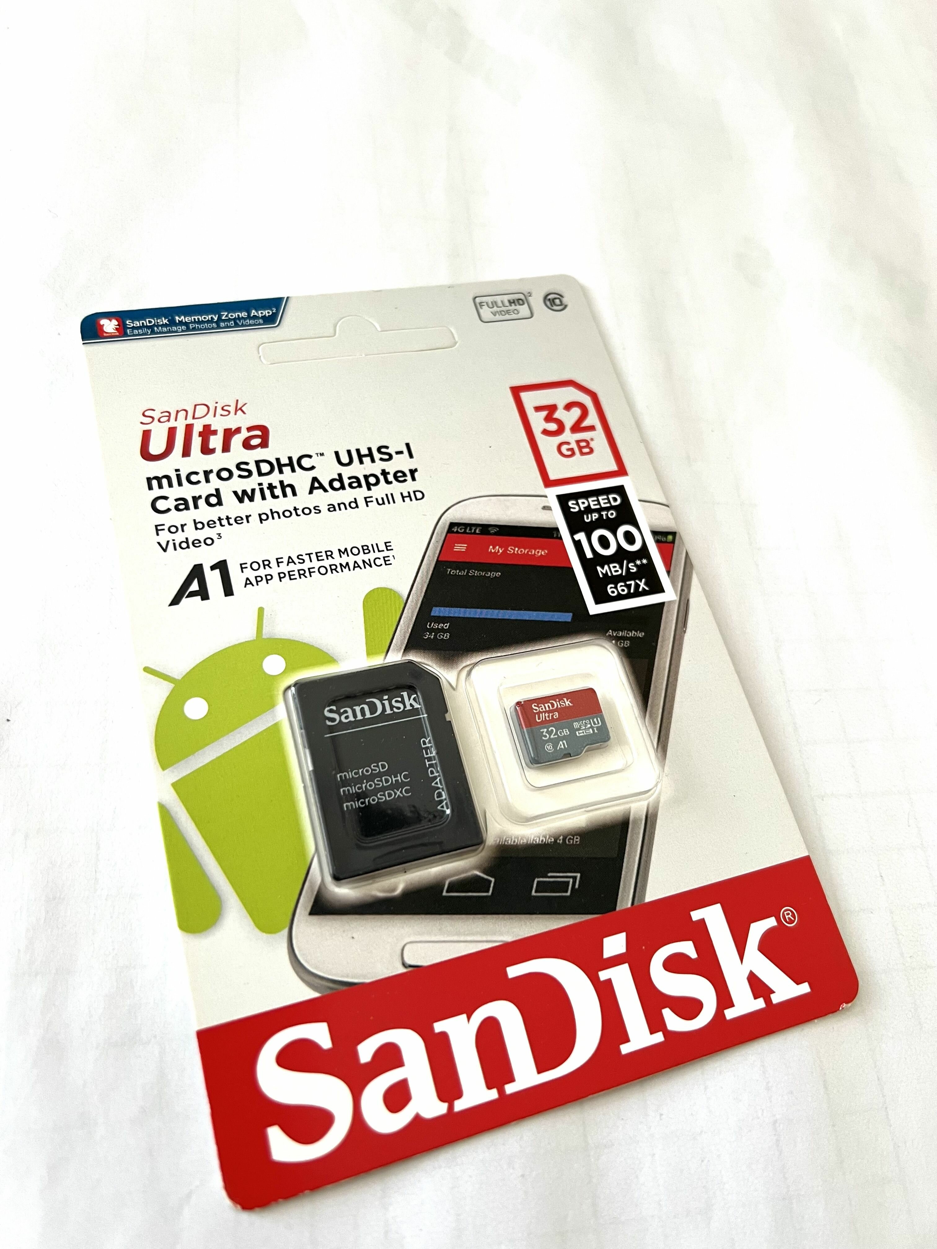 Карта памяти MicroSDHC Card с адаптером 32 Гб, SanDisk Ultra класс 10