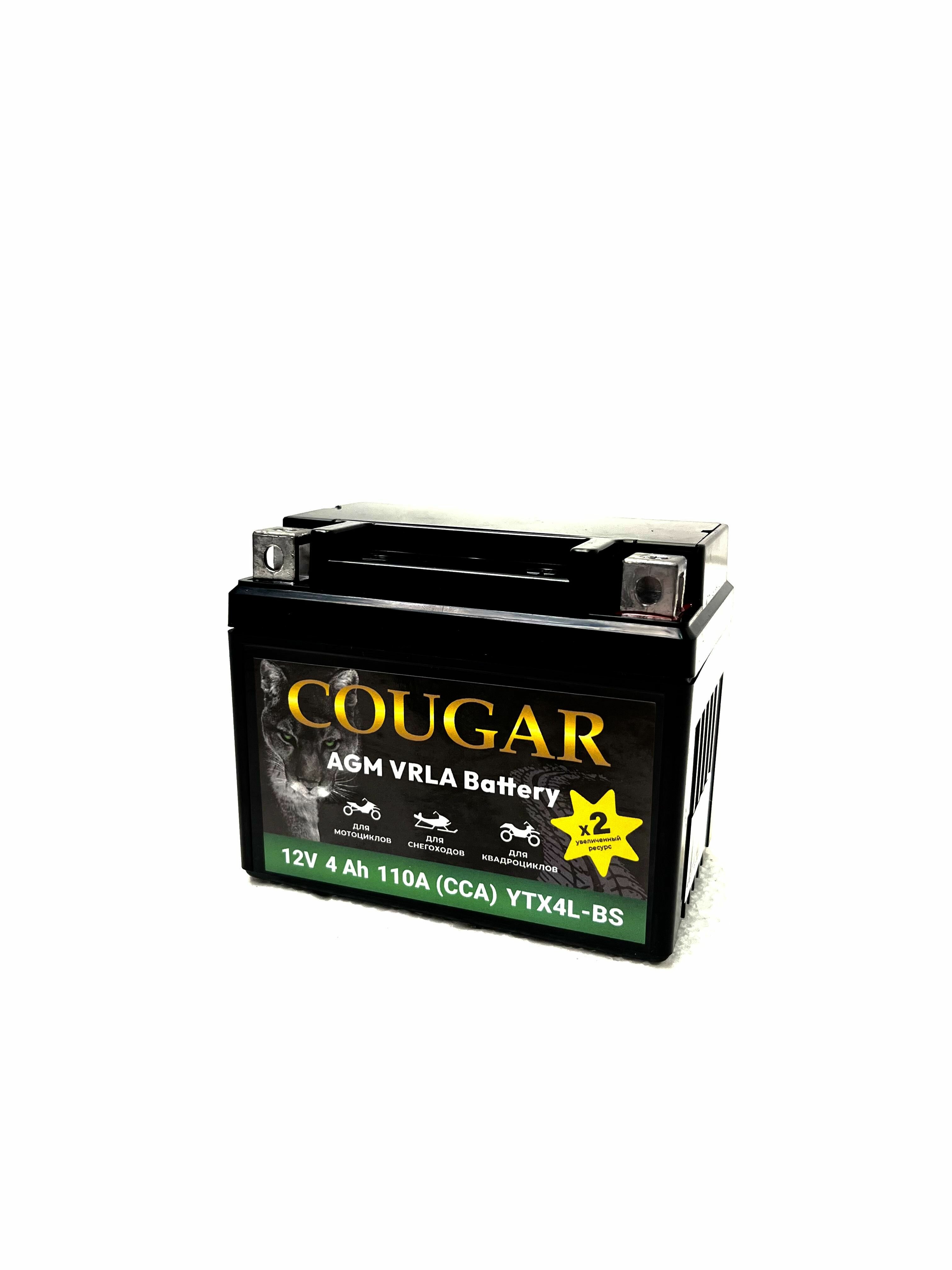 Мото аккумулятор COUGAR 4Ач R+ ССА 50А 113х70х85 YTX4L-BS