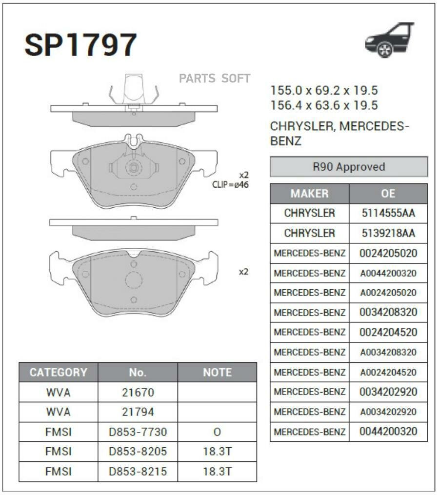 SANGSIN BRAKE SP1797 Колодки тормозные дисковые MB W210 2.0T-3.2/2.5TD/2.7CDi 96-02 SP1797