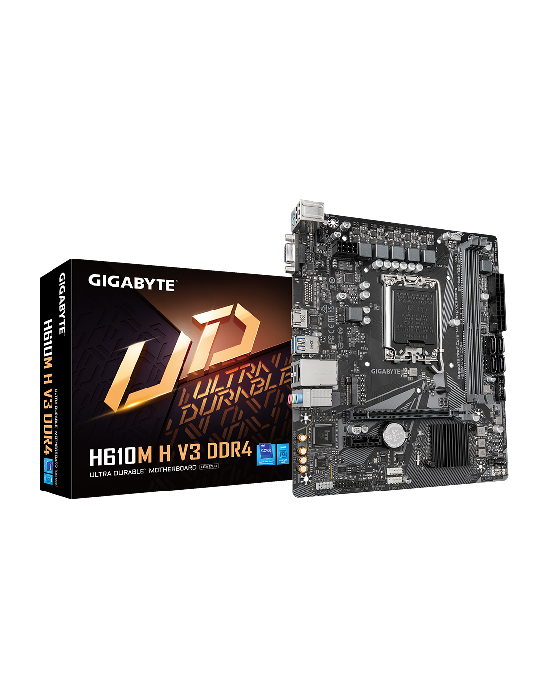 Материнская плата Gigabyte LGA1700, H610, 2*DDR4, D-Sub+HDMI, 4 SATA 6 Гб/с, M2, Audio, Gb LAN, USB 3.2, USB 2.0, COM*1 header, mATX