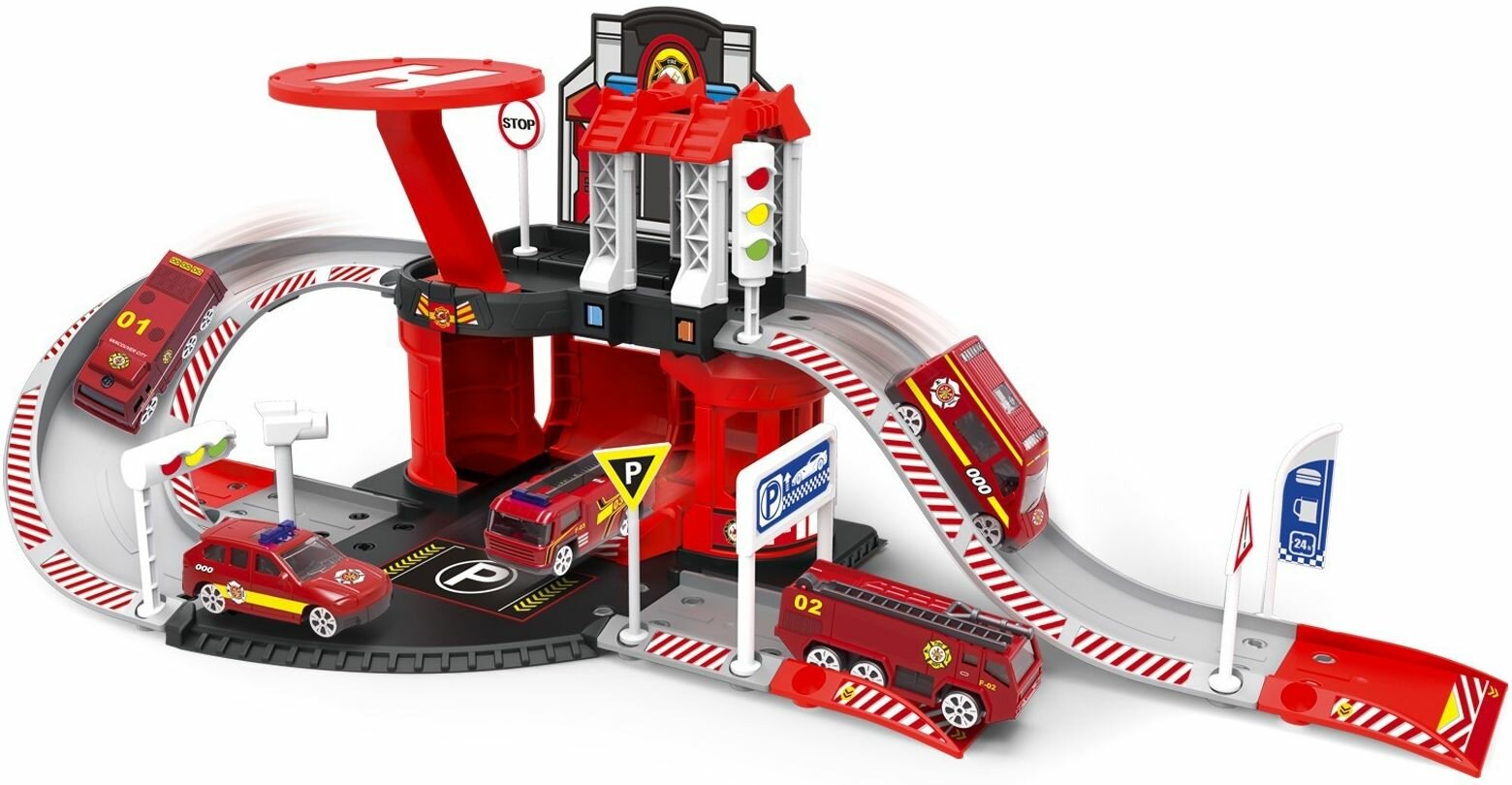 Детский игровой автотрек-парковка "Пожарная станция" многоуровневый, в наборе 1 металлическая машинка и вертолёт