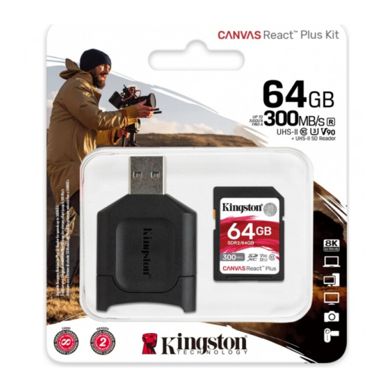 Карта Памяти 64Gb Kingston Canvas React Plus SDXC UHS-II U3 V90 + USB Reader (300/260 Mb/s)