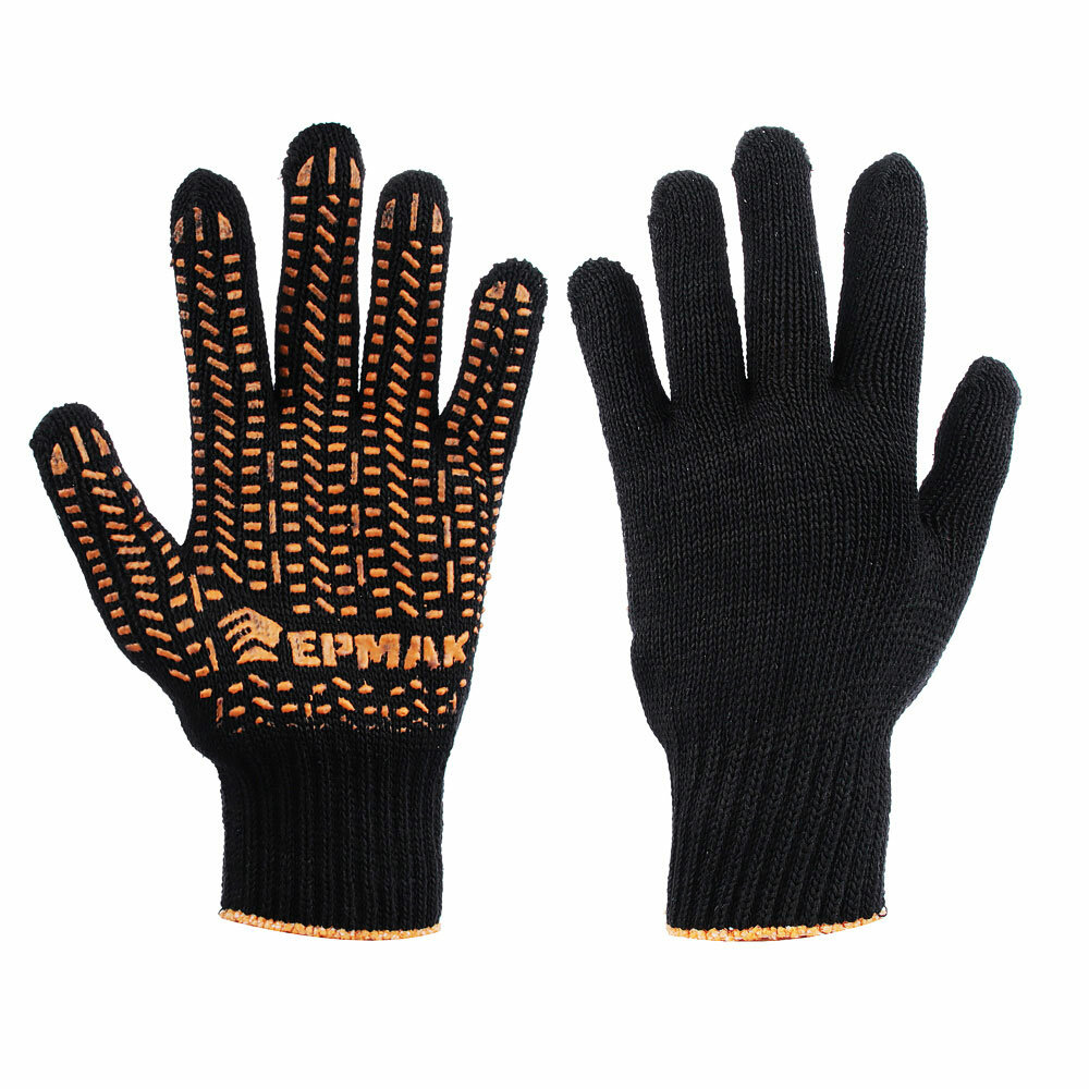 фото Ермак Перчатки вязаные люкс х/б с ПВХ напылением, 5 нитей, черные, 62гр, 24см, подвес, 20 штук
