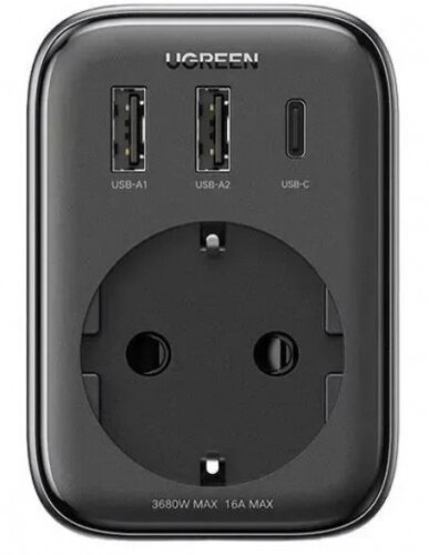 Зарядное устройство сетевое UGREEN 90613 1 AC outlets+30W 2A1C, черный - фото №1