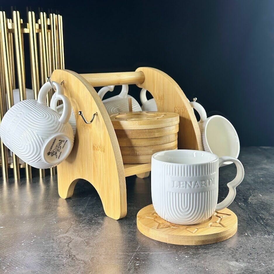 Кофейный набор на 6 персон 13 предметов Lenardi Bamboo чашки 180мл, блюдца, подставка, фарфор, бамбук