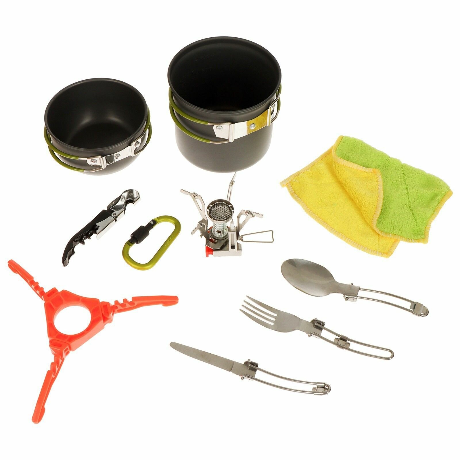 фото Набор туристической посуды Maclay: 2 кастрюли, столовые приборы, горелка, штопор, тряпка, карабин