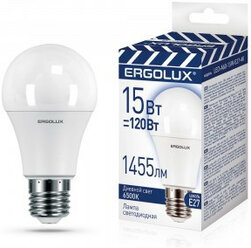 Комплект 12 шт. светодиодная LED лампа Ergolux промо ЛОН A60 E27 15W(1455lm 270°) 6500K 6K матовая 112x60 пластик/алюм. LED-A60-15W-E27-6K 1747412