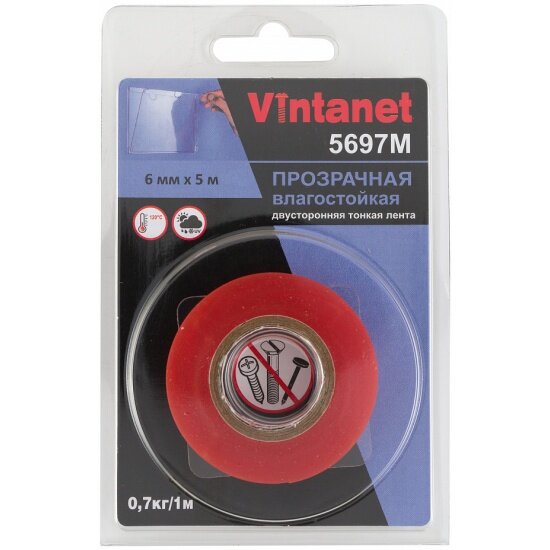 фото Лента двусторонняя на ПЭТ основе 5697М Vintanet , прозрачная, влагостойкая, 6 мм х 5 м