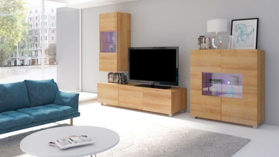 фото Модульная гостиная Порту 7 МДФ (Светло-серый глянец, Клен 375)