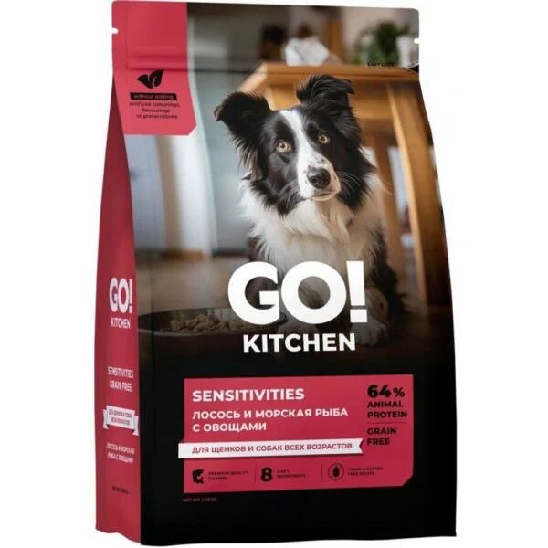 фото GO! KITCHEN Полнорационный беззерновой сухой корм для щенков и собак всех возрастов с лососем и морской рыбой для чувствительного пищеварения, 1.59кг
