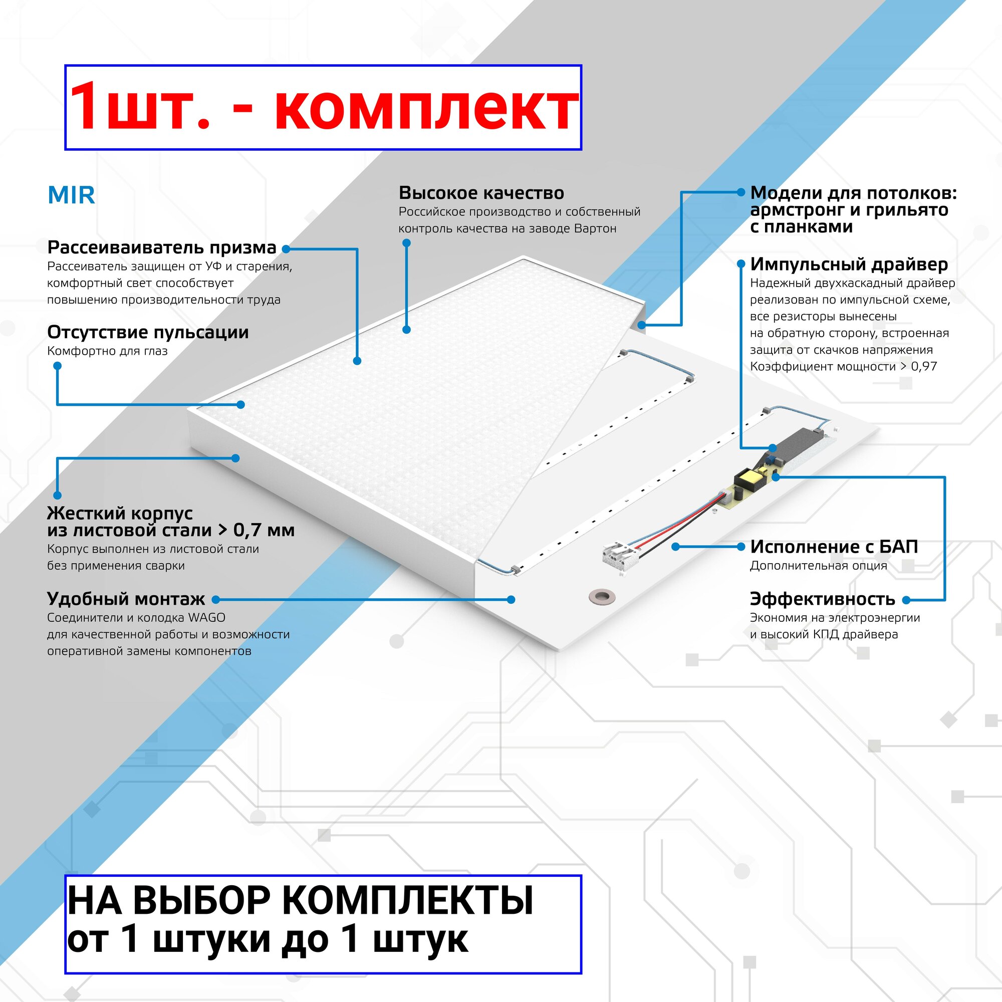 1шт. - Светильник светодиодный универсальный LED ДВО 30 Вт MiR 3500 Лм 4000К 588х588х50 мм IP40 Грильято призма планки Gauss / GAUSS; арт. G1-R3-00010-31G03-2003540; оригинал / - комплект 1шт