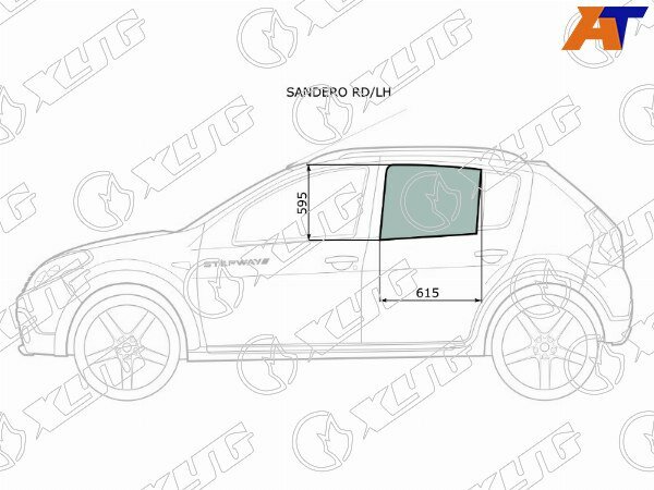 Стекло боковое опускное (Сзади/ Слева/ Цвет зеленый) Renault Sandero 09-14 / Dacia Sandero 08-12 / R