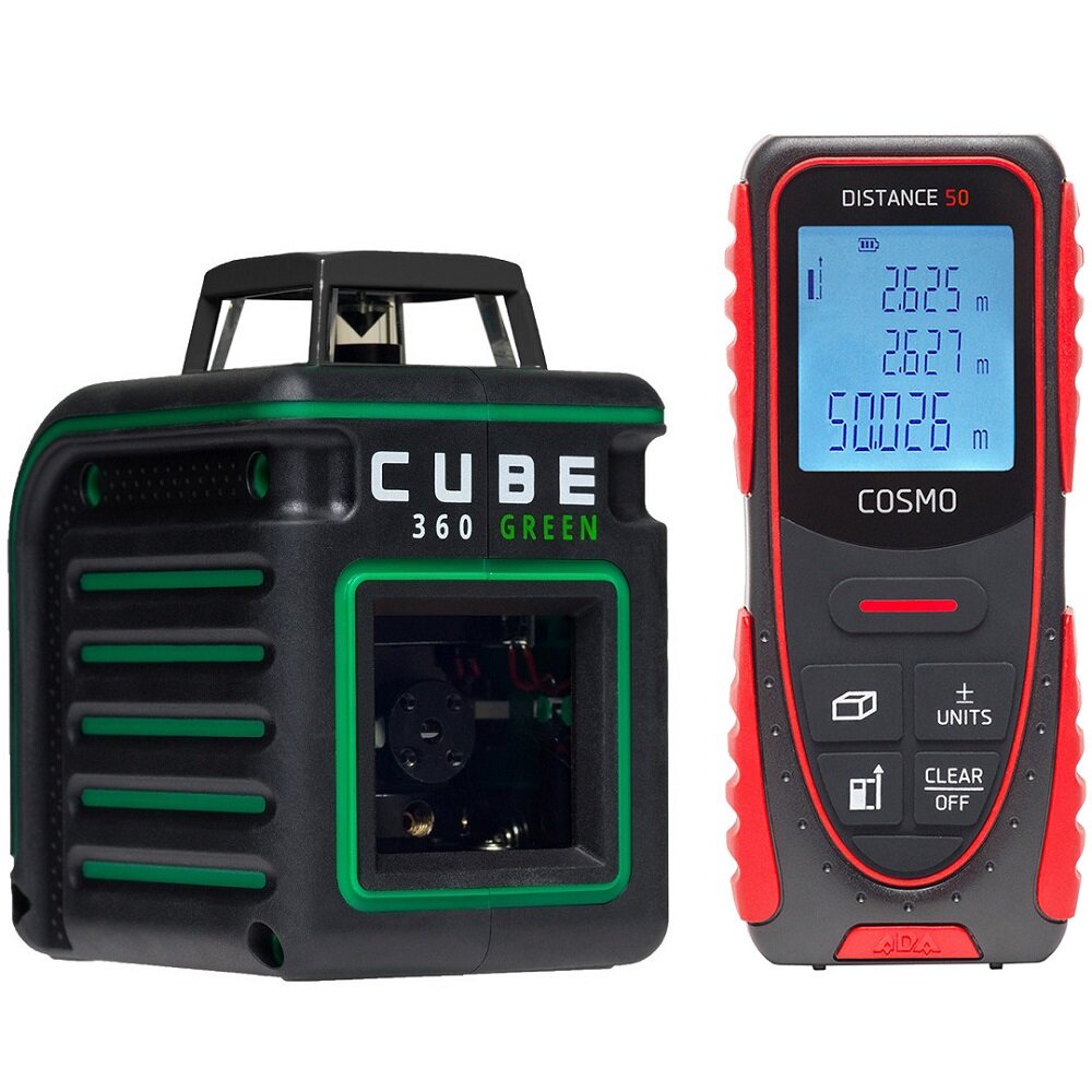 Лазерный уровень ADA CUBE 360 GREEN Basic Edition + Дальномер лазерный Cosmo 50 новогодний комплект А00732