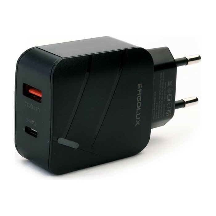 Сетевое зарядное устройство ERGOLUX ELX-РA01QC-C01 USB/USB-C 3A быстрая зарядка черное