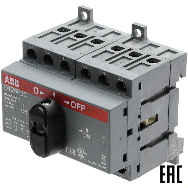 фото Рубильник реверсивный OT25F3C 3Р 25А на DIN-рейку и монтажную плату (АВВ)