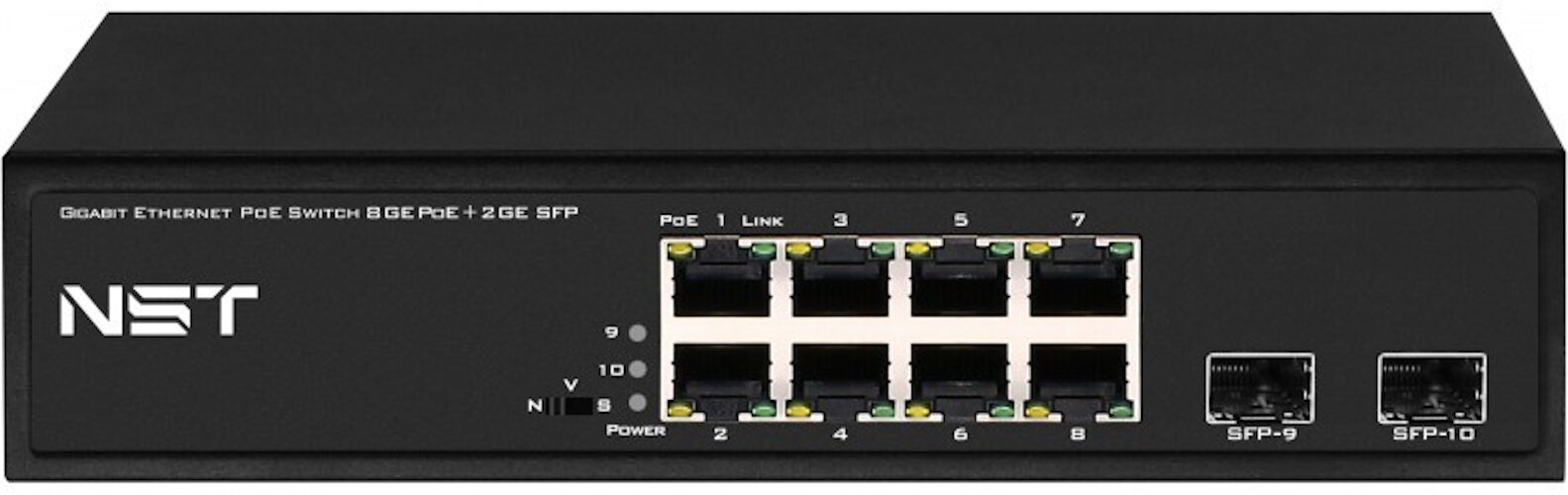 PoE коммутатор Gigabit Ethernet на 8 RJ45 + 2 SFP порта. Порты: 8 х GE (10/100/1000 Base-T) с поддержкой PoE (IEEE 802.3af/at), 2 x GE SFP (1000 Base-