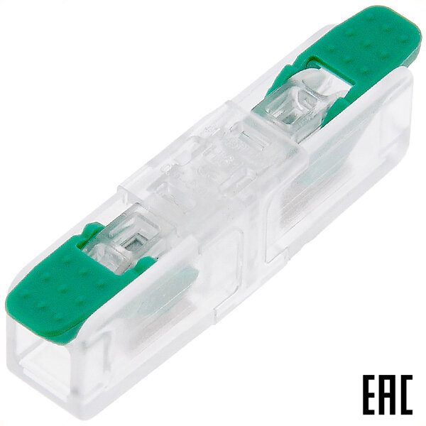 фото Зажим VSE-H61WG безвинтовой 1 пара х0,5-6,0 кв.мм. проходной прозрачный-зеленый (22 шт. в комплекте)