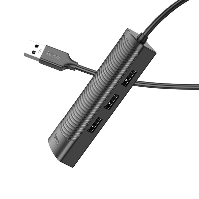 USB Хаб (HB42) с 1 USB на 3 USB 2.0+RJ45 100Mbps, HOCO, L=1.2M, черный
