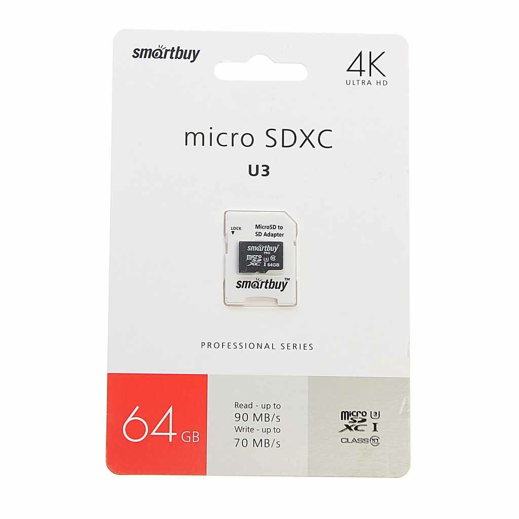 Карта памяти 64GB MicroSD class 10 + SD адаптер, SB64GBSDCL10U3-01, SMART BUY