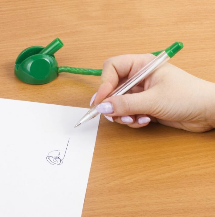 Ручка шариковая настольная BRAUBERG Стенд-Пен, синяя, пружинка, корпус зеленый, 0,5мм