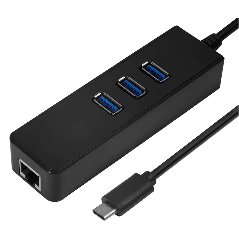 USB Hub с 1 Type-C на 3 USB 3.0+RJ45, черный