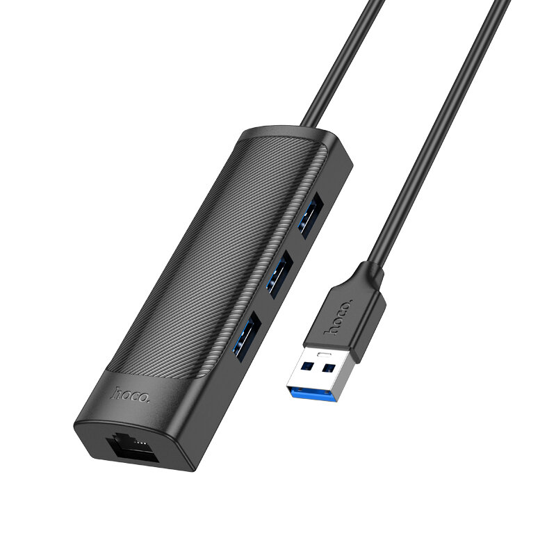 USB Хаб (HB42) с 1 USB на 3 USB 3.0+RJ45, HOCO, L=1.2M, черный