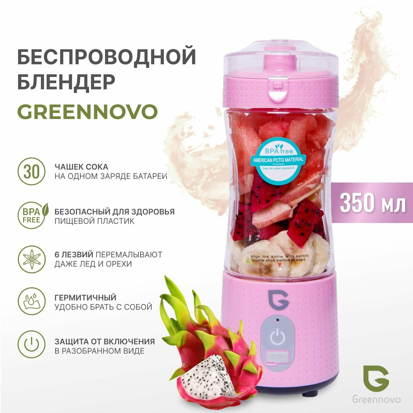 Портативный беспроводной блендер розовый GREENNOVO измельчитель для смузи, коктейлей, спортивного питания, детского питания, льда, орехов