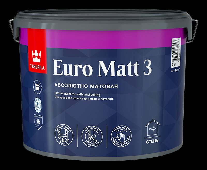 Краска интерьерная Tikkurila EURO Matt 3 глубокоматовая белая (9л)