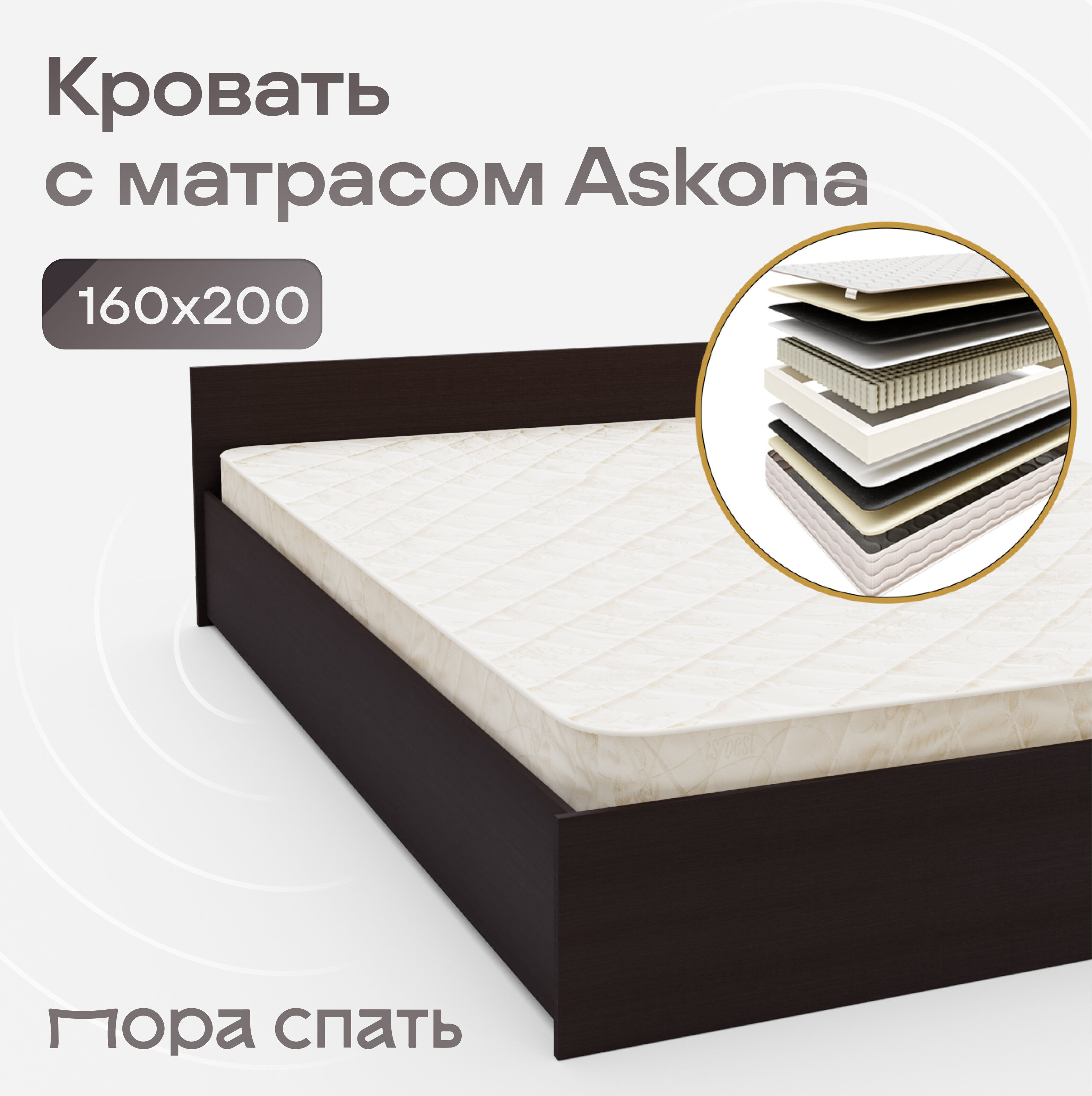 Двуспальная кровать с матрасом 160х200, ортопедический матрас, венге