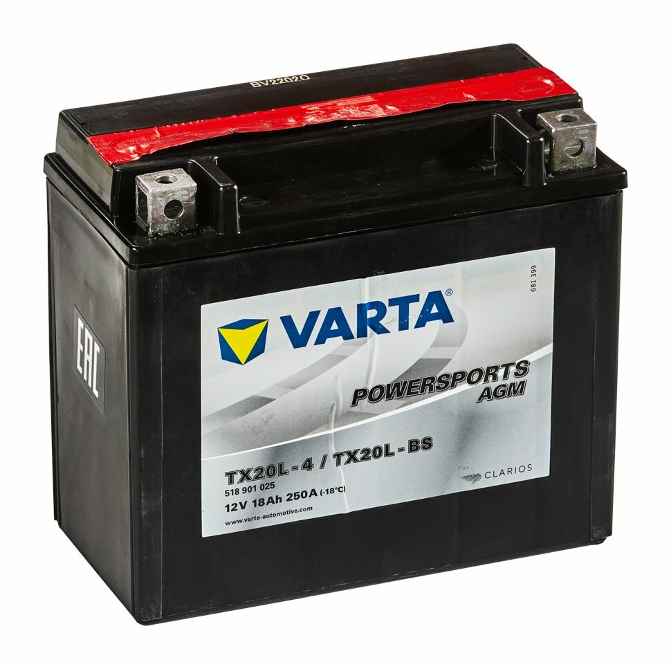 Мото аккумулятор VARTA Powersports AGM 518 901 025 (TX20L-4 YTX20L-BS) 177x88x156