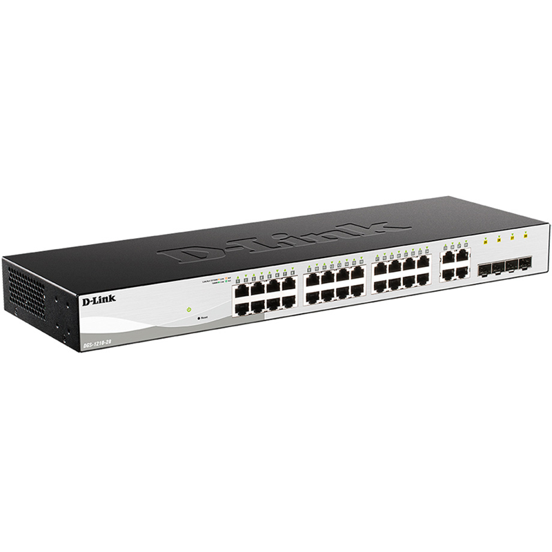 Коммутатор D-Link DGS-1210-28/F3A, L2 Smart Switch with 24 10/100/1000Base-T ports and 4 1000Base-T/SFP combo-ports.8K Mac address, 802.3x Flow Control, 256 of 802.1Q VLAN, VID range 1-4094, 4 IP Int - фото №1