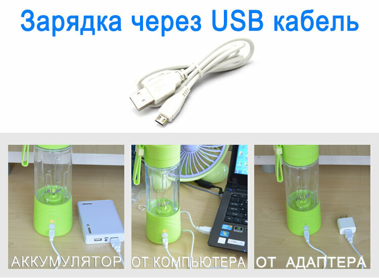 Блендер портативный переносной для смузи и коктейлей USB, цвет голубой