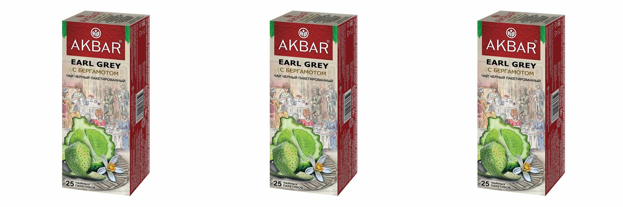 Akbar Чай в пакетиках Граф Грей черный байховый мелкий с ароматом бергамота, 25 пак х 2 г, 3 уп