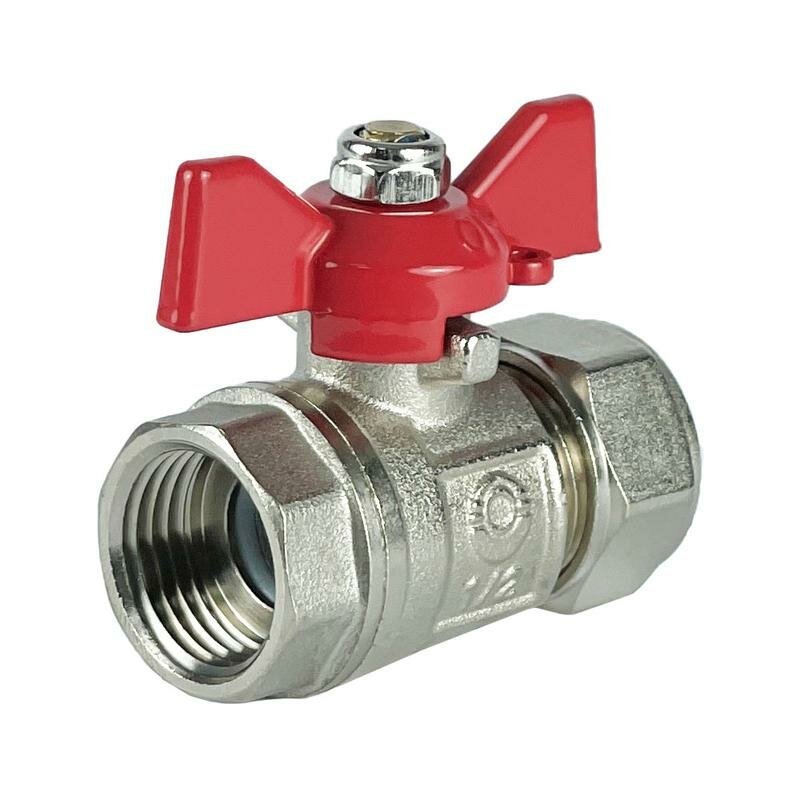 фото Кран шаровой обжимной с переходом на ВР ручка-бабочка 16х1/2дюйм никелир-й (100/10) К VALFEX VF.342.NB.16012