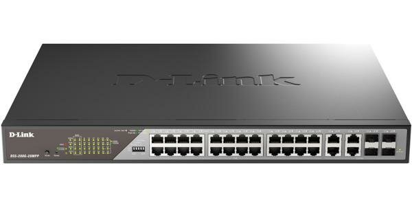 D-Link Smart L2 Surveillance Switch 24х1000Base-T PoE (8 PoE ports 802.3bt 90W), 4xCombo 1000Base-T PoE/SFP, PoE Budget 518W, Long-range PoE up to 250