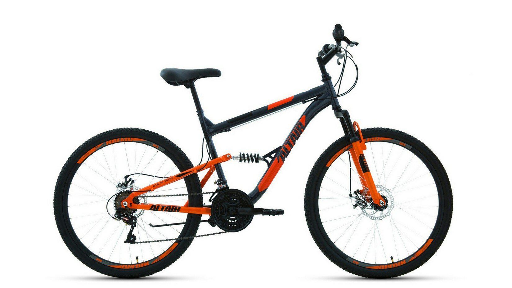 Велосипед FORWARD ALTAIR MTB FS 26 2.0 disc, колесо 26', рост 18', сезон 2023-2024, темно-серый/ор