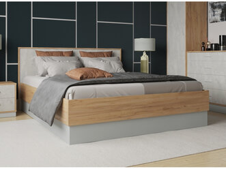 Двуспальная кровать Woodville Леви 160х200 дуб крафт золотой / серый / бетонный камень