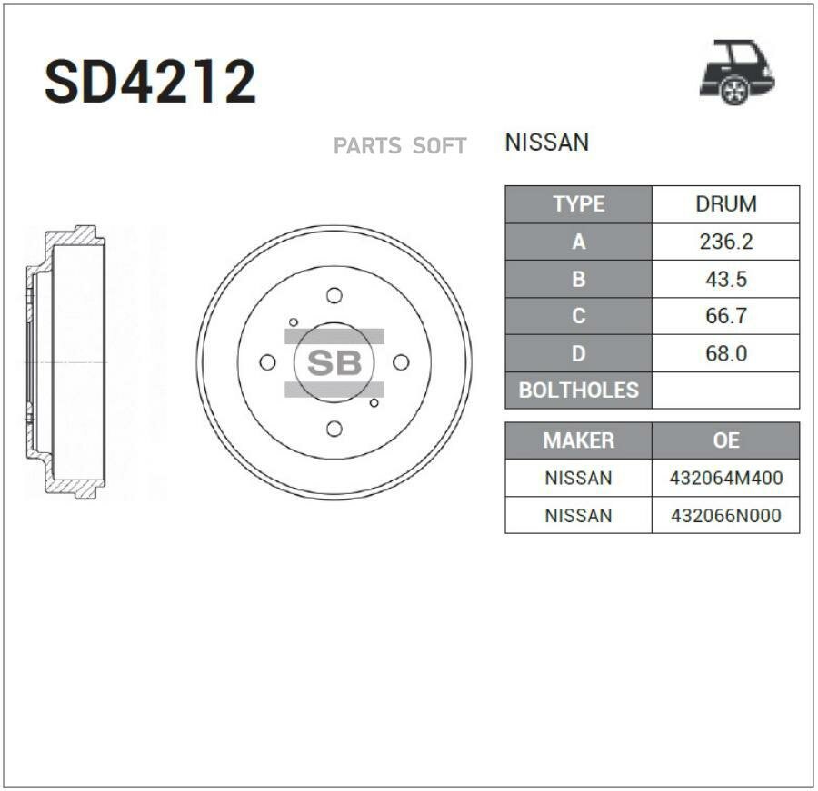 SANGSIN BRAKE SD4212 SD4212_барабан тормозной!\ Nissan Almera N16/Almera Classic 1.5 00>