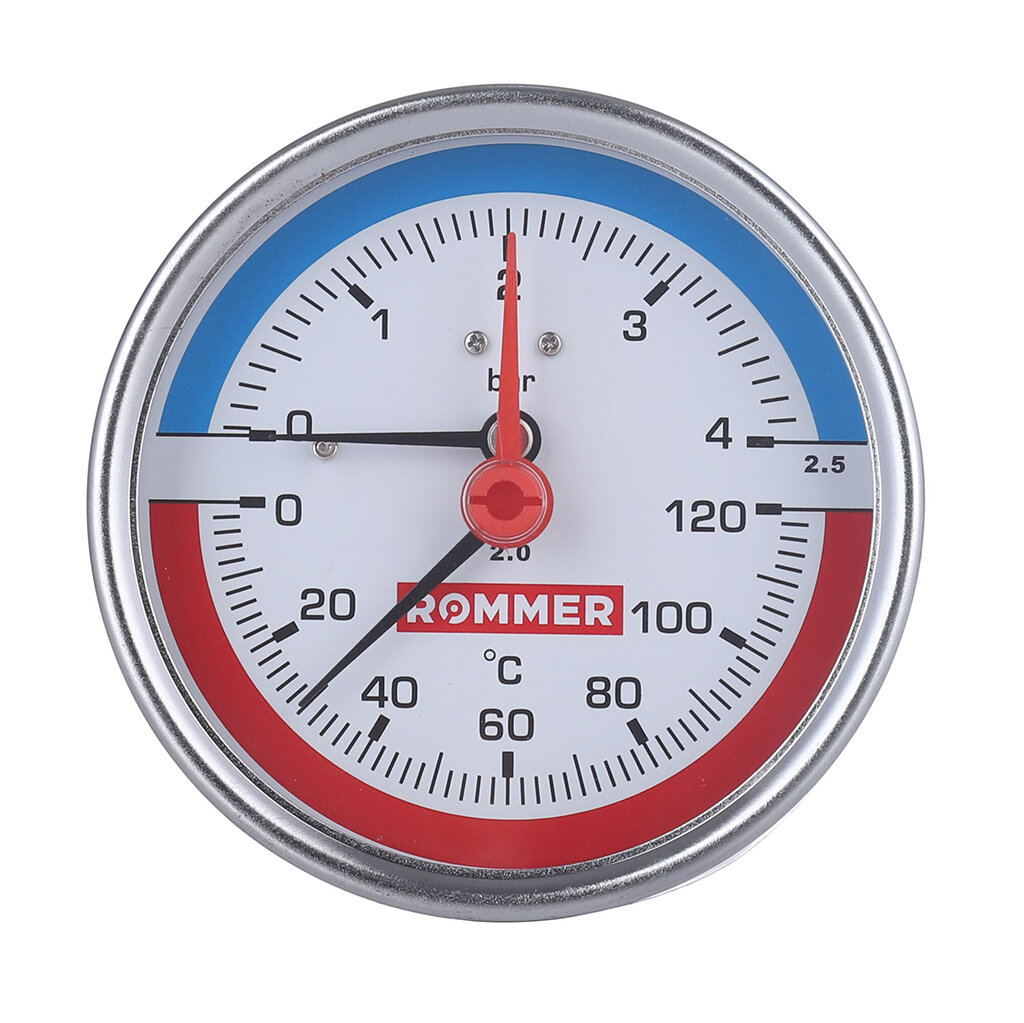 ROMMER Термоманометр аксиальный в комплекте с запорным клапаном. Корпус Dn 80 мм 1/2  0...120°C 0-10 бар.